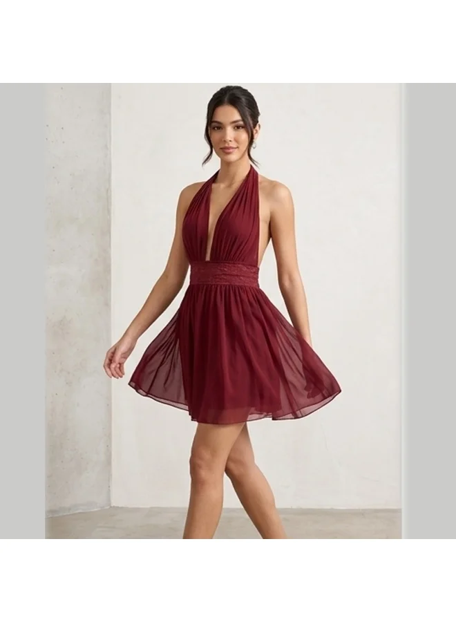 Caprisious  Ethereal Deep-V Halter Mini Dress with Lace Waist Detail for Women | Best Price UAE