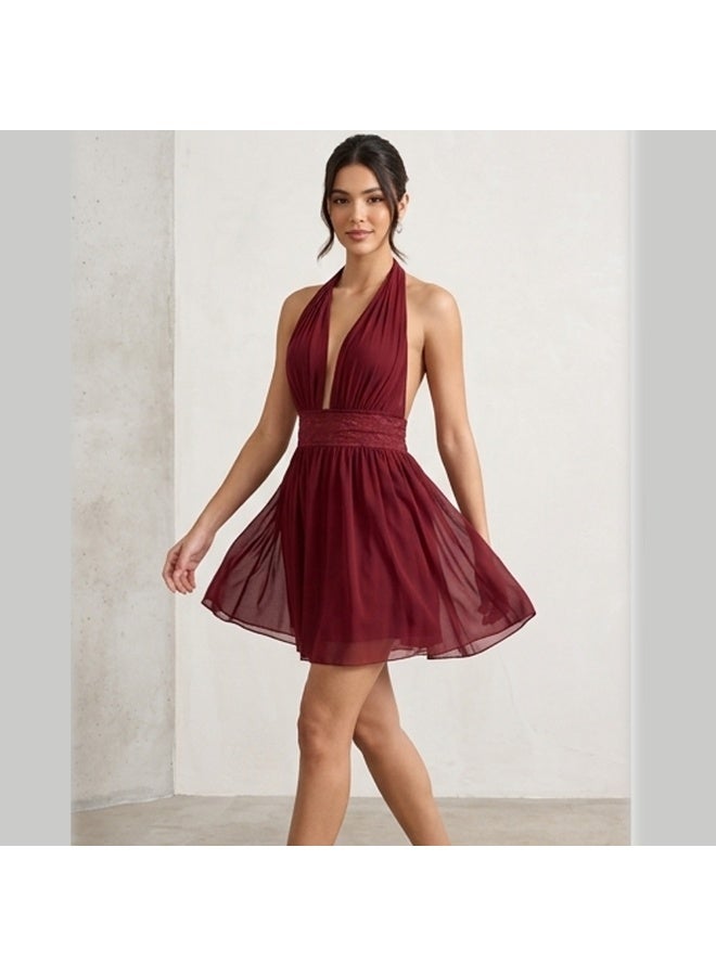 Caprisious Ethereal Deep-V Halter Mini Dress with Lace Waist Detail - Image 3