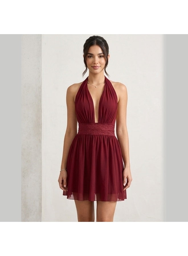 Caprisious Ethereal Deep-V Halter Mini Dress with Lace Waist Detail - Image 1