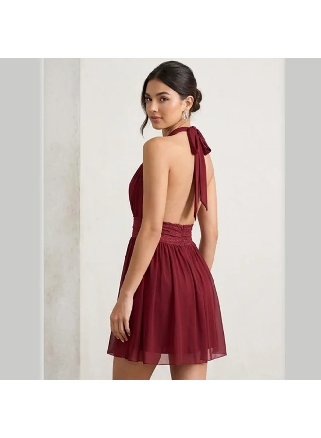Caprisious Ethereal Deep-V Halter Mini Dress with Lace Waist Detail