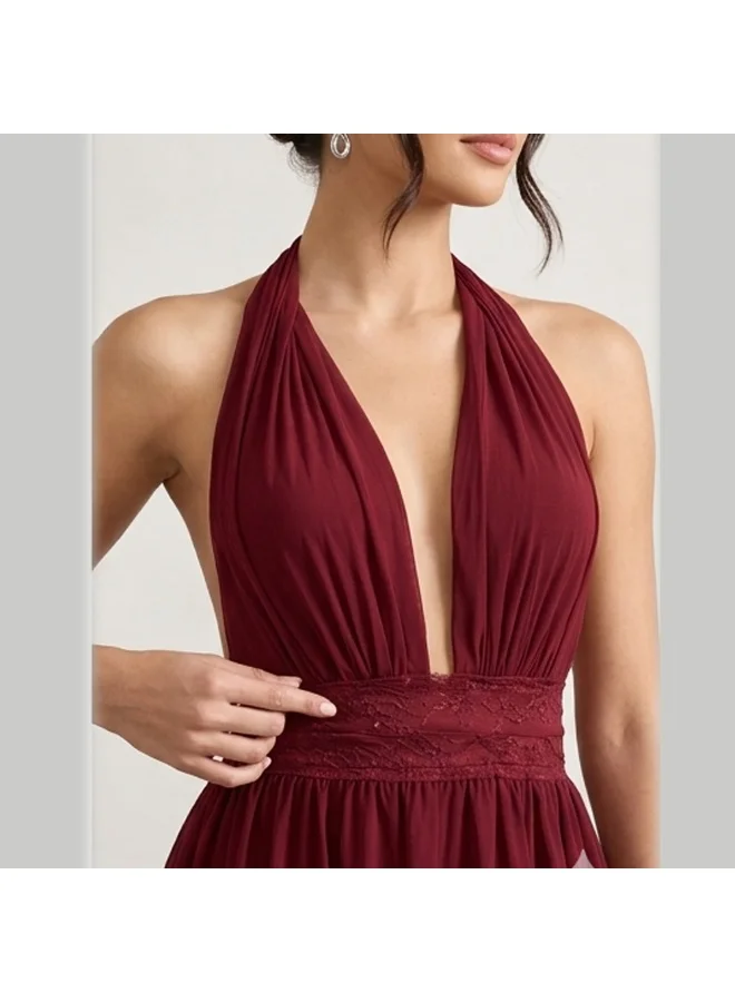 Caprisious  Ethereal Deep-V Halter Mini Dress with Lace Waist Detail for Women | Best Price UAE