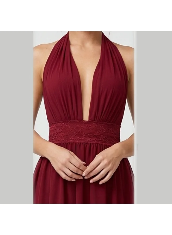 Caprisious  Ethereal Deep-V Halter Mini Dress with Lace Waist Detail for Women | Best Price UAE