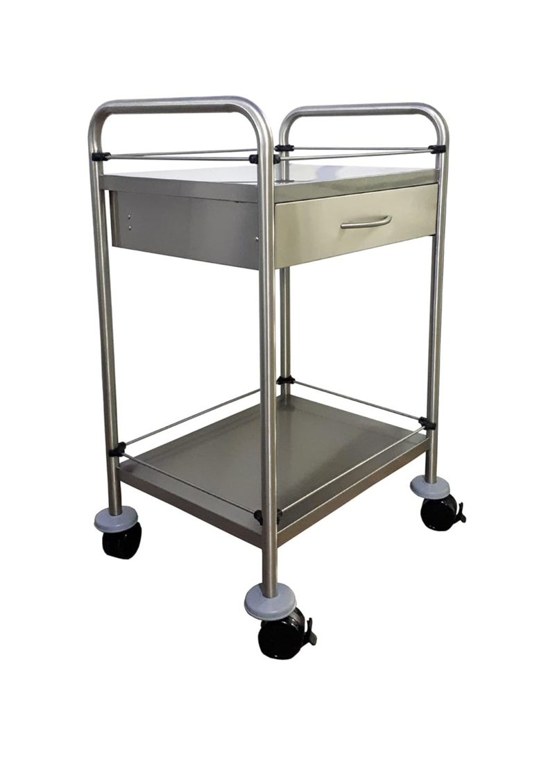Adamsmed Dressing Trolley/ Instrument Trolley With Single Drawer, Stainless Steel, 2 Shelves, Silver - Image 1