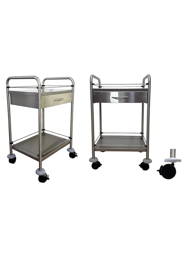 Adamsmed Dressing Trolley/ Instrument Trolley With Single Drawer, Stainless Steel, 2 Shelves, Silver - Image 2