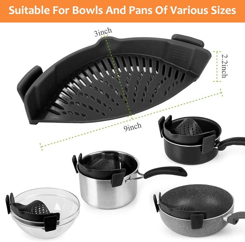 YEVIOR Clip on Strainer for Pots Pan Pasta Strainer, Silicone Food Strainer Hands-Free Pan Strainer, Clip-on Kitchen Food Strainer for Spaghetti, Pasta, Ground Beef Fits All Bowls and Pots (Black) - Image 3