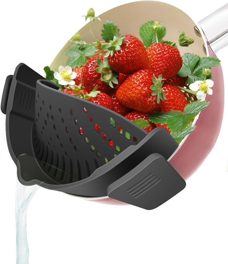 YEVIOR Clip on Strainer for Pots Pan Pasta Strainer, Silicone Food Strainer Hands-Free Pan Strainer, Clip-on Kitchen Food Strainer for Spaghetti, Pasta, Ground Beef Fits All Bowls and Pots (Black) - Image 1