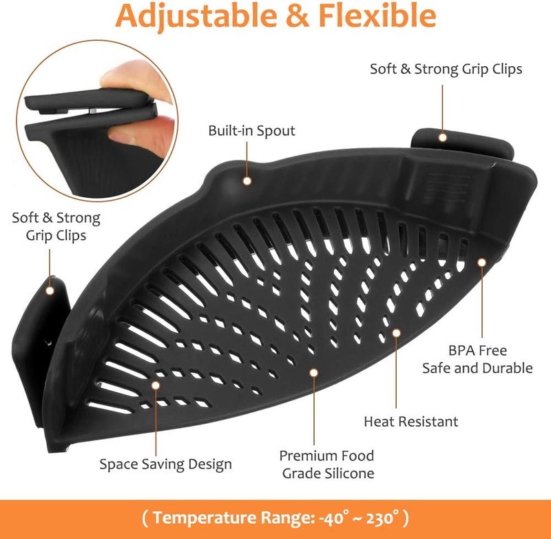 YEVIOR Clip on Strainer for Pots Pan Pasta Strainer, Silicone Food Strainer Hands-Free Pan Strainer, Clip-on Kitchen Food Strainer for Spaghetti, Pasta, Ground Beef Fits All Bowls and Pots (Black) - Image 2