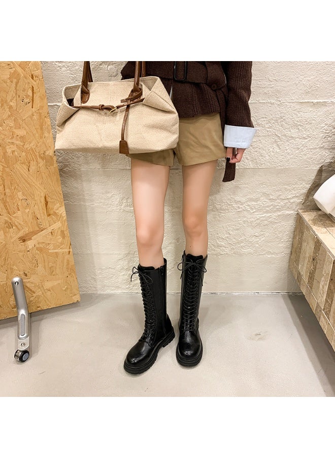 Women's Black Lace-Up Knee-High Combat Boots with Chunky Sole - Image 3