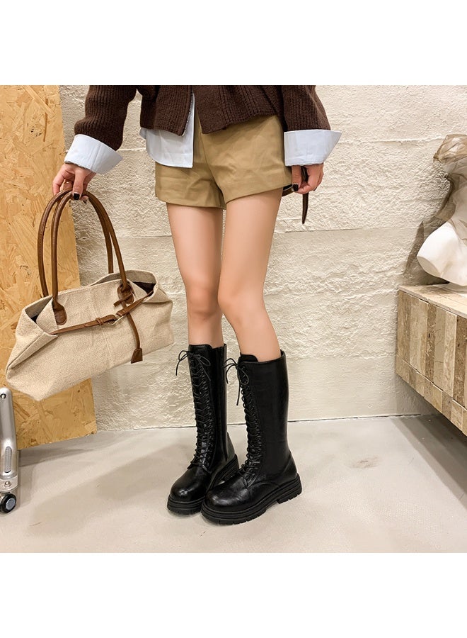Women's Black Lace-Up Knee-High Combat Boots with Chunky Sole - Image 2