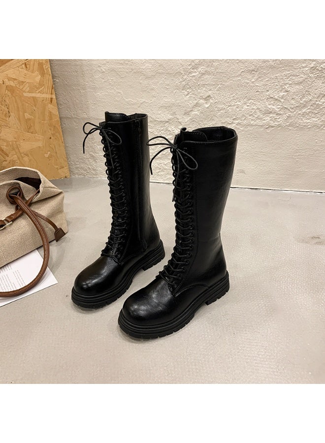 Women's Black Lace-Up Knee-High Combat Boots with Chunky Sole - Image 5