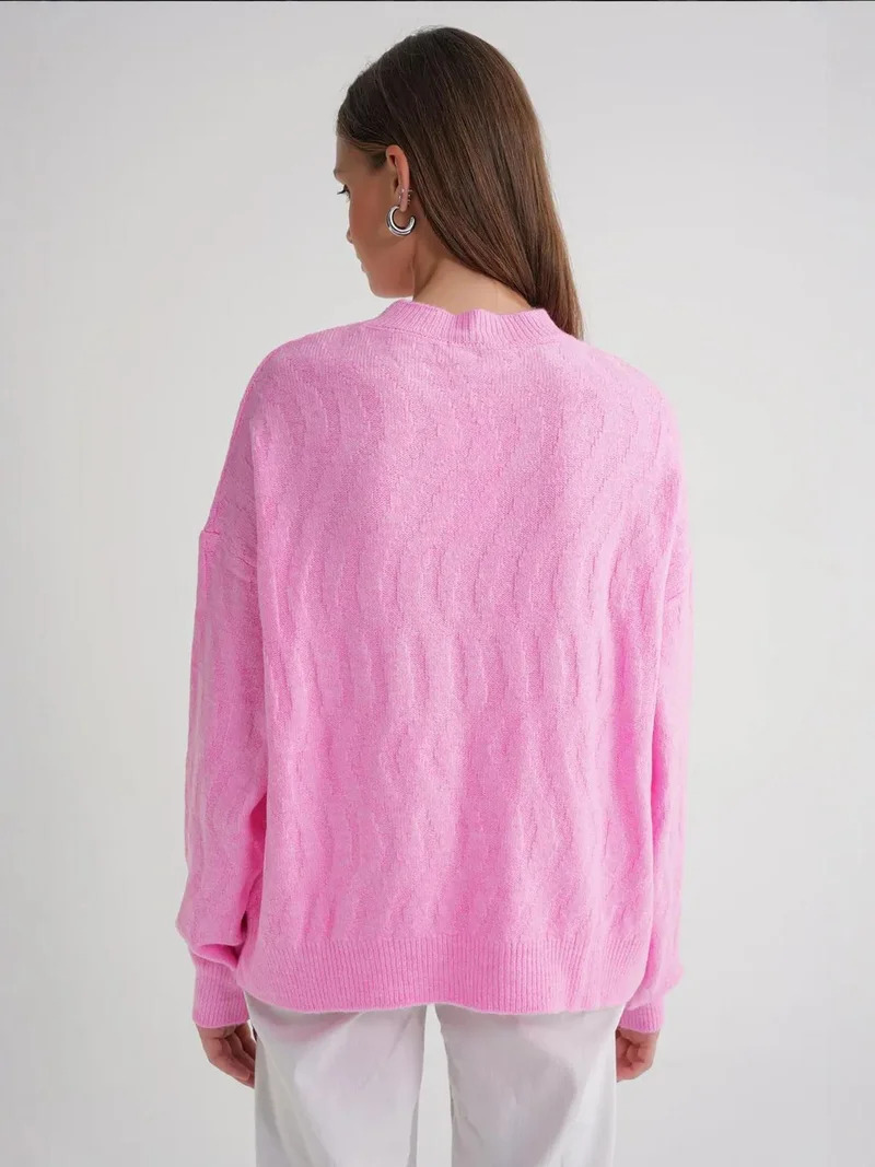 Mixray Powder Pink Mixray Ribbed Knitwear Pullover Sweater with Hair Braid Pattern for Women | Best Price UAE
