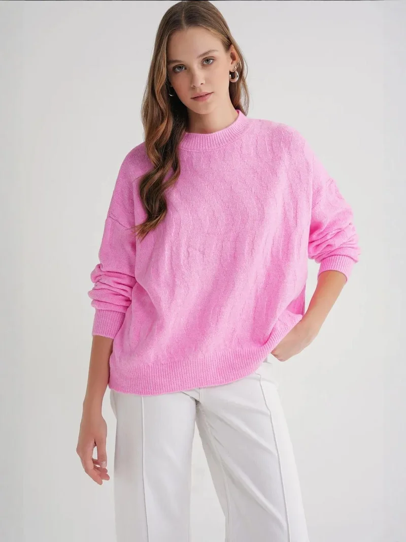 Mixray Powder Pink Mixray Ribbed Knitwear Pullover Sweater with Hair Braid Pattern for Women | Best Price UAE