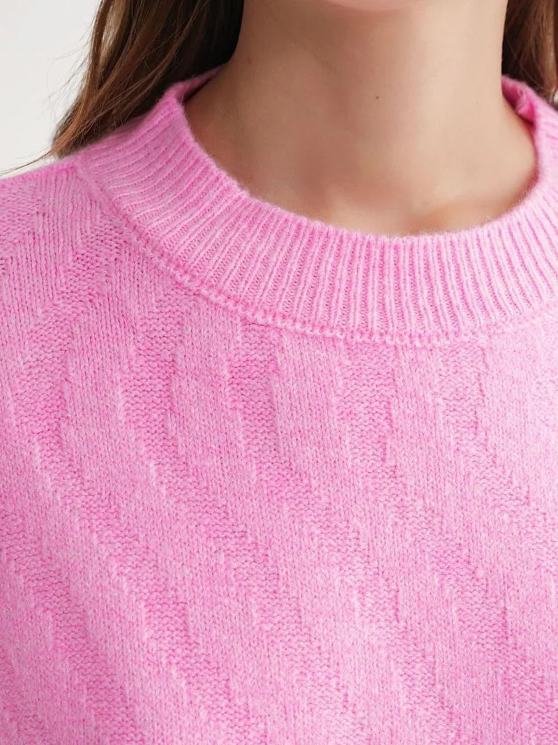 Mixray Powder Pink Mixray Ribbed Knitwear Pullover Sweater with Hair Braid Pattern for Women | Best Price UAE