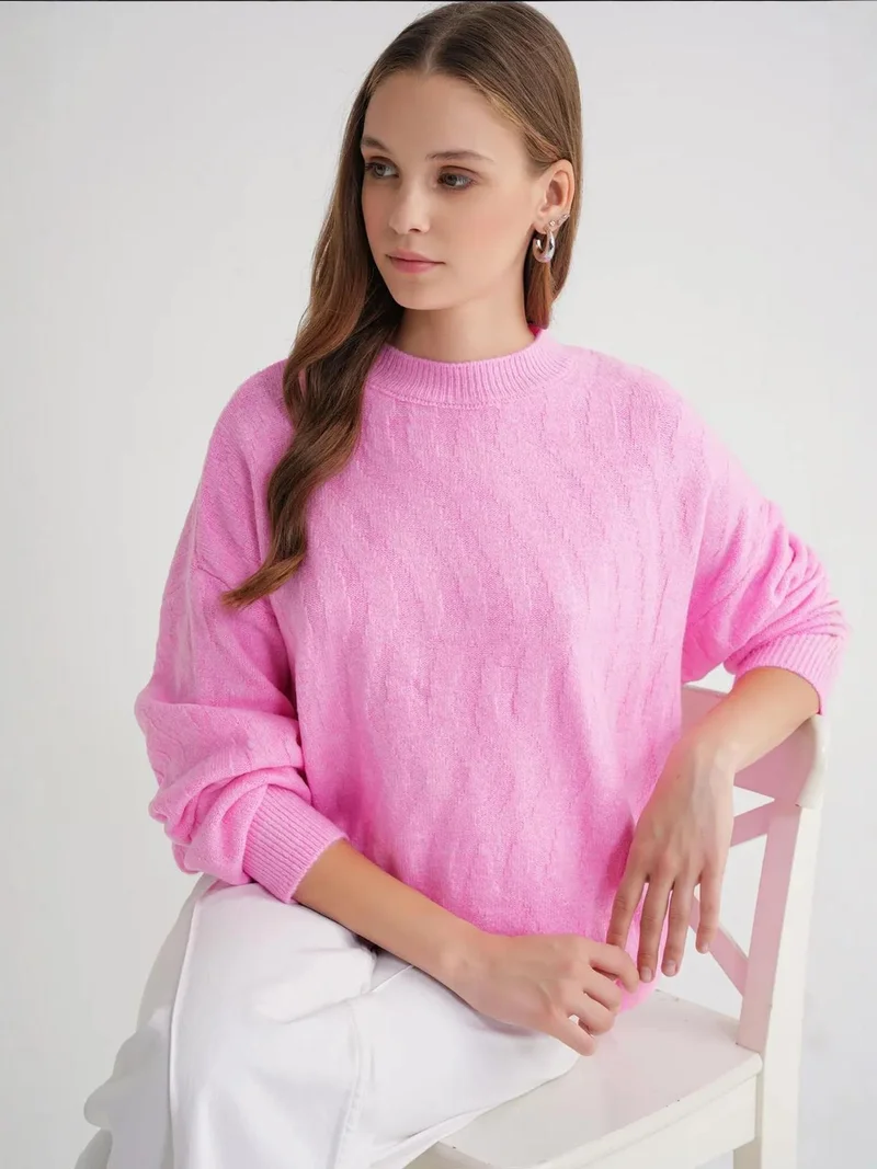 Mixray Powder Pink Mixray Ribbed Knitwear Pullover Sweater with Hair Braid Pattern for Women | Best Price UAE