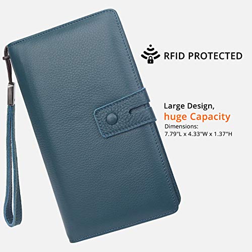 Bveyzi محفظة معصم جلدية كبيرة وسميكة للنساء مع خاصية حجب RFID (زرقاء) - Image 3