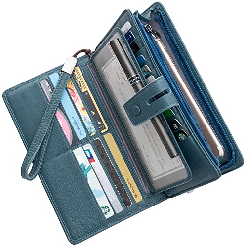 Bveyzi محفظة معصم جلدية كبيرة وسميكة للنساء مع خاصية حجب RFID (زرقاء) - Image 2