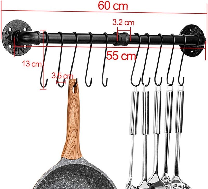 TopLife 23.7 inch Pot Rack, Kitchen Wall Mounted Detachable Pan Lid Utensils Organizer Hanging Rail with 10 Hooks, Black - Image 2