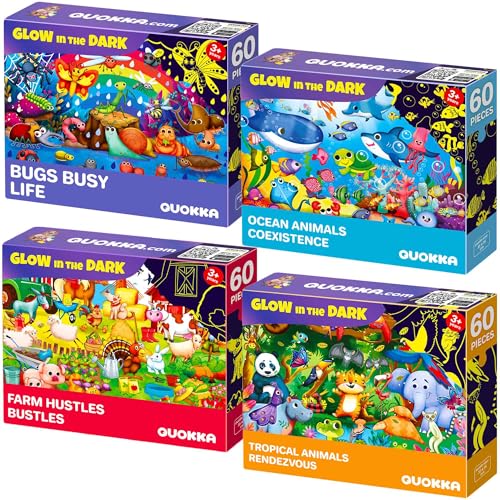 QUOKKA 4x60 Piece Puzzles for Kids Ages 46 GlowinTheDark Puzzles for Kids 48 I Farm Bugs Tropical Ocean Animals I Fun Educational Toddler Puzzle for Boys Girls Educational Game Toys Gift - Image 1