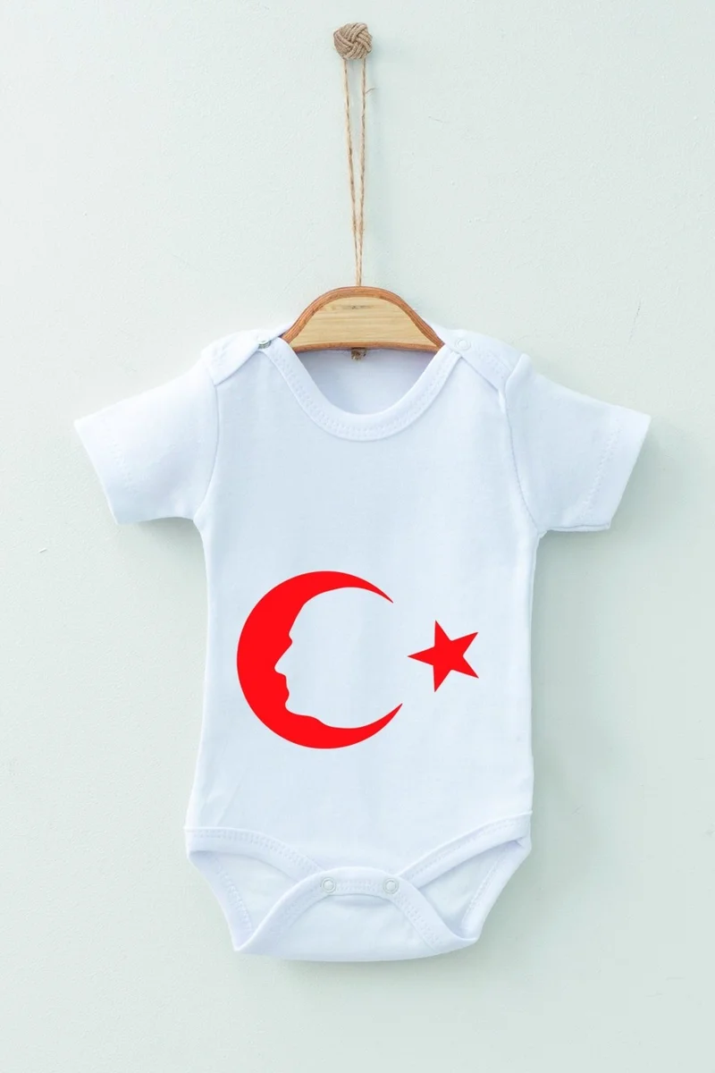 Ada Bebek Çocuk Ada Baby Kid Adabebek Cotton Organic Crescent Star Patterned Short Sleeve Bodysuit Baby Bodysuit