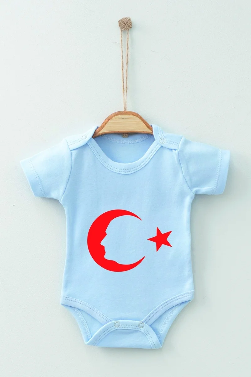 Ada Bebek Çocuk Ada Baby Kid Adabebek Cotton Organic Crescent Star Patterned Short Sleeve Bodysuit Baby Bodysuit