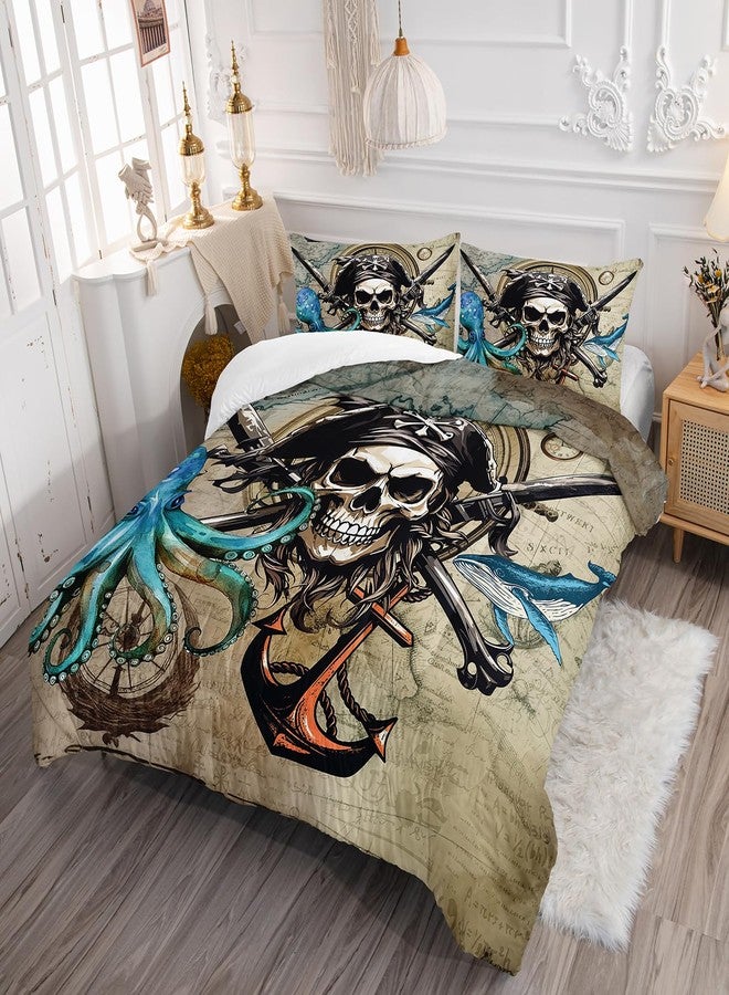 AILONEN 3D Pirate Captain Skull Comforter Set Twin Size, Octopus Dolphin Bedding Set for Kids Boys Girls,Nautical Theme Bed in a Bag Duvet Set,1 Quilt and 2 Pillowcases,3PCS - Image 2