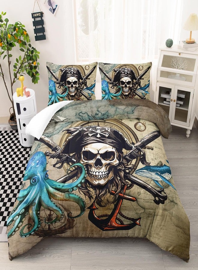 AILONEN 3D Pirate Captain Skull Comforter Set Twin Size, Octopus Dolphin Bedding Set for Kids Boys Girls,Nautical Theme Bed in a Bag Duvet Set,1 Quilt and 2 Pillowcases,3PCS - Image 1