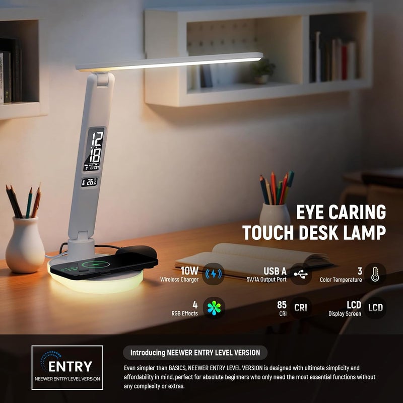 Neewer ENTRY LEVEL VERSION LED Desk Lamp with USB A Output, 3 Modes/5 Brightness Levels/4 RGB Effects/CRI85, LCD for Temp/Date/Time/Alarm, Eye Caring Touch Table Light for Home Office/Reading, N20 - Image 2