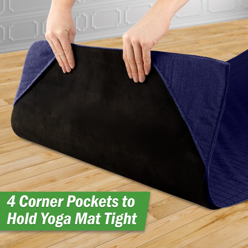 Wakeman Yoga Mat Towel and Gym Towel Set - 2-Piece Non Slip Set for Hot Yoga, Pilates, and Gym - 72â€ x 24â€ Sweat Absorbent and Quick Drying Blanket with Corner Pockets for Mats by Wakeman (Navy) - Image 4