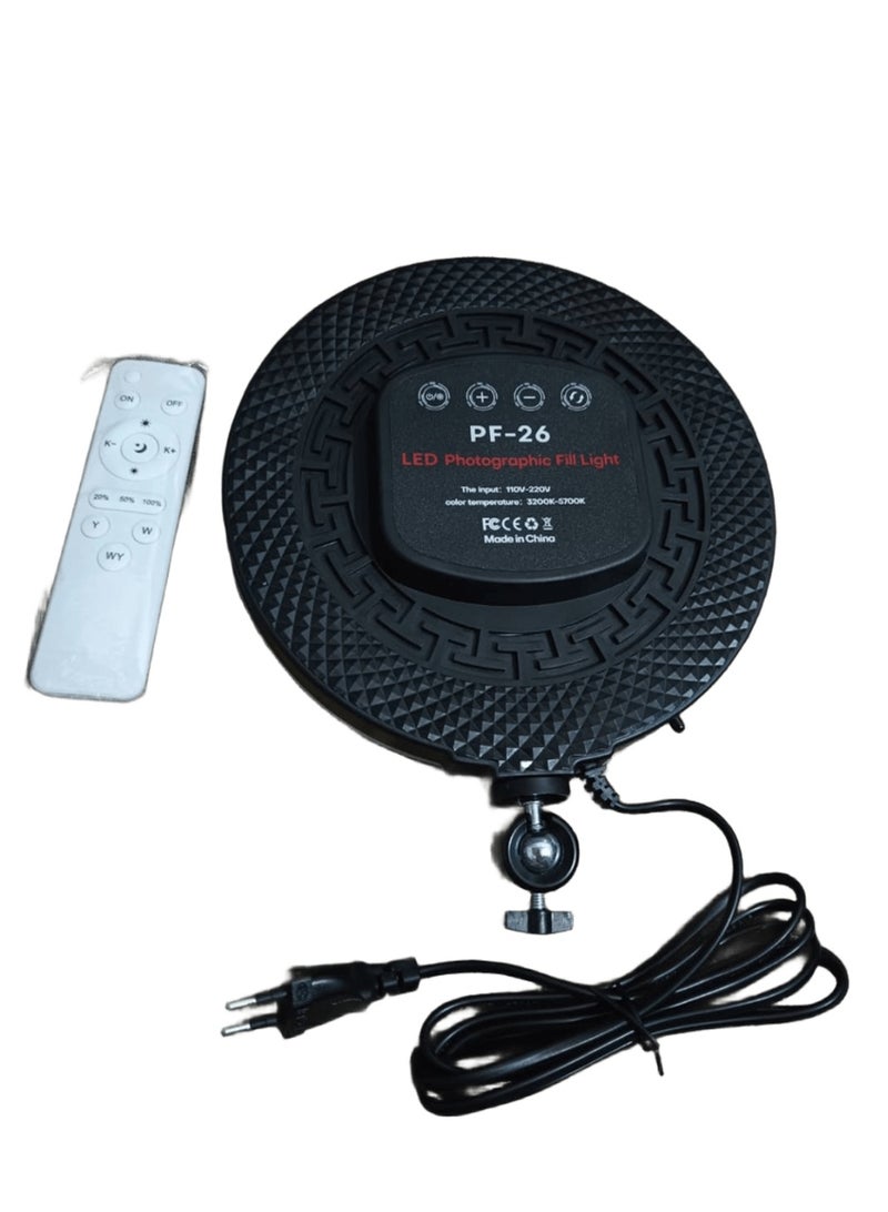The PF-26 is a professional lighting solution designed for photography and videography. It provides soft, balanced illumination with ideal light distribution and no harsh shadows.  This lighting is suitable for portraits, clothing, product photography, and social media videos.  It comes with a remote control for easy adjustment of light intensity and color temperature, and its USB power supply makes it versatile and portable.  Its practical and lightweight design makes it ideal for photographers and content creators. - Image 2
