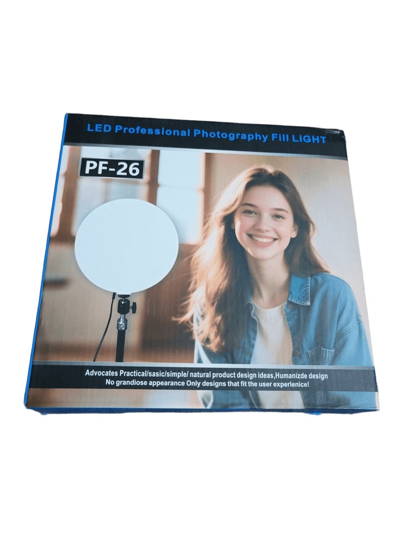 The PF-26 is a professional lighting solution designed for photography and videography. It provides soft, balanced illumination with ideal light distribution and no harsh shadows.  This lighting is suitable for portraits, clothing, product photography, and social media videos.  It comes with a remote control for easy adjustment of light intensity and color temperature, and its USB power supply makes it versatile and portable.  Its practical and lightweight design makes it ideal for photographers and content creators. - Image 3