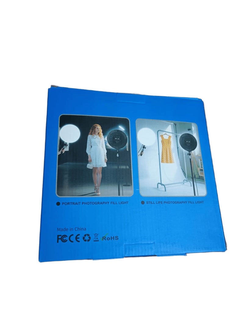 The PF-26 is a professional lighting solution designed for photography and videography. It provides soft, balanced illumination with ideal light distribution and no harsh shadows.  This lighting is suitable for portraits, clothing, product photography, and social media videos.  It comes with a remote control for easy adjustment of light intensity and color temperature, and its USB power supply makes it versatile and portable.  Its practical and lightweight design makes it ideal for photographers and content creators. - Image 4