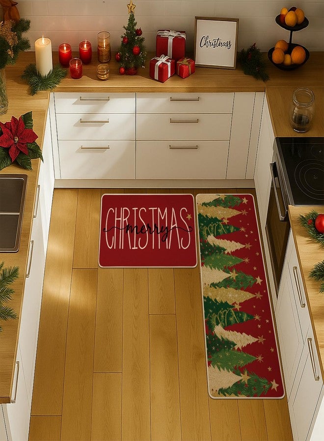 Siilues Christmas Kitchen Mat Set of 2, Non-Slip Red Merry Christmas Kitchen Rugs for Floor Seasonal Winter Home Decor Low-Profile - 17x29 and 17x47 Inch - Image 2