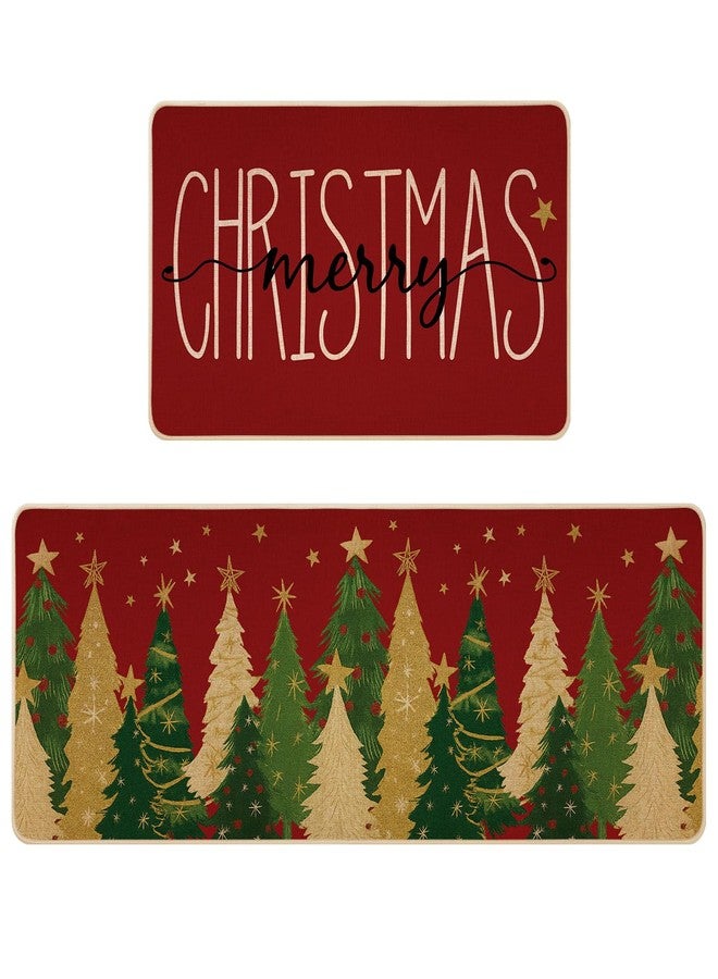 Siilues Christmas Kitchen Mat Set of 2, Non-Slip Red Merry Christmas Kitchen Rugs for Floor Seasonal Winter Home Decor Low-Profile - 17x29 and 17x47 Inch - Image 1
