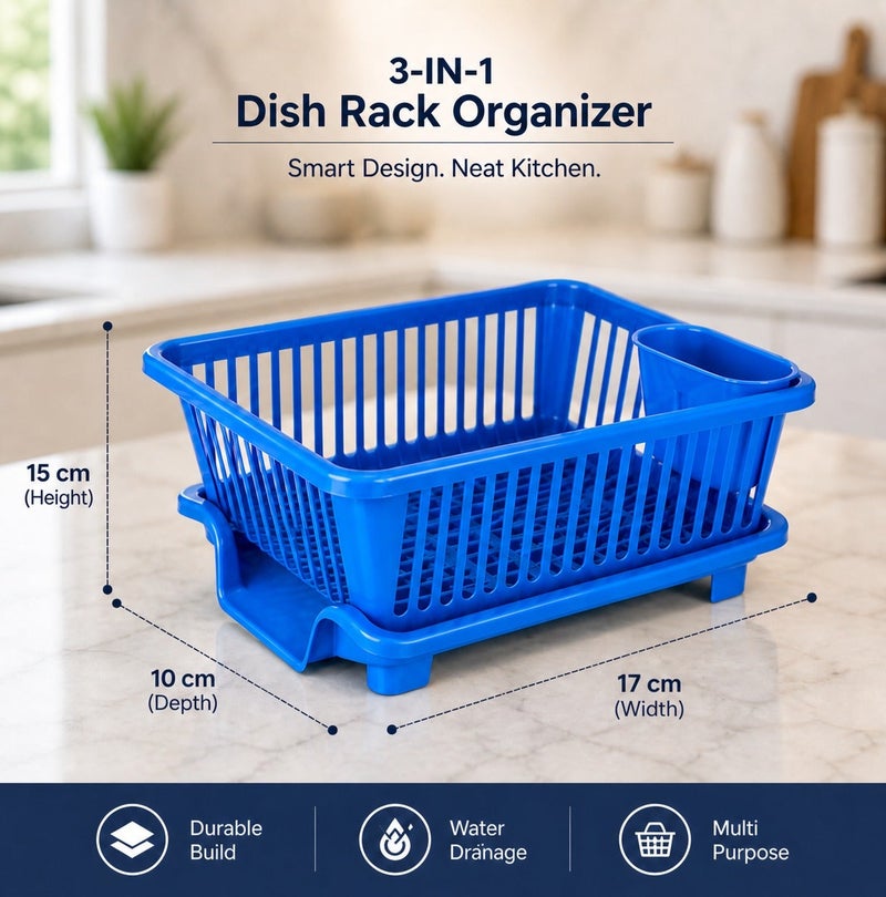 Dunekart 3-in-1 Kitchen Dish Rack Organizer, Compact Drainer with Washing Basket, Space Saving Drying Stand for Small Kitchens Sink Counter - Blue - Image 3