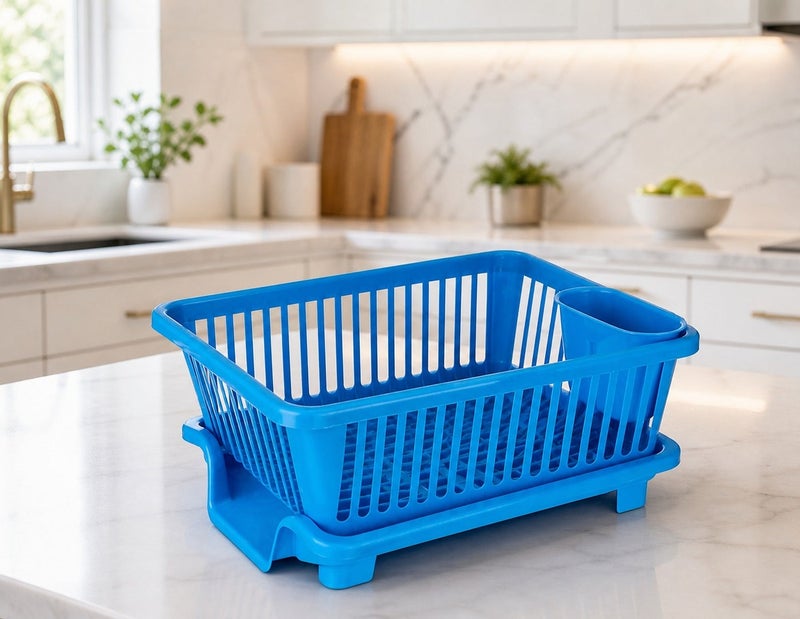 Dunekart 3-in-1 Kitchen Dish Rack Organizer, Compact Drainer with Washing Basket, Space Saving Drying Stand for Small Kitchens Sink Counter - Blue - Image 5