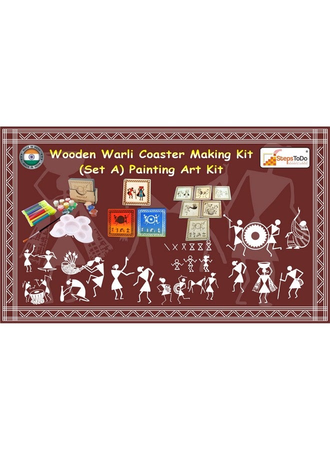 StepsToDo Warli Paint Kit (Set A) - Tea Coaster Set of 6 | 4-Inch Bases with Warli Art | Includes Case, Sketch Pens, Colours, Brush & Dish - Image 2