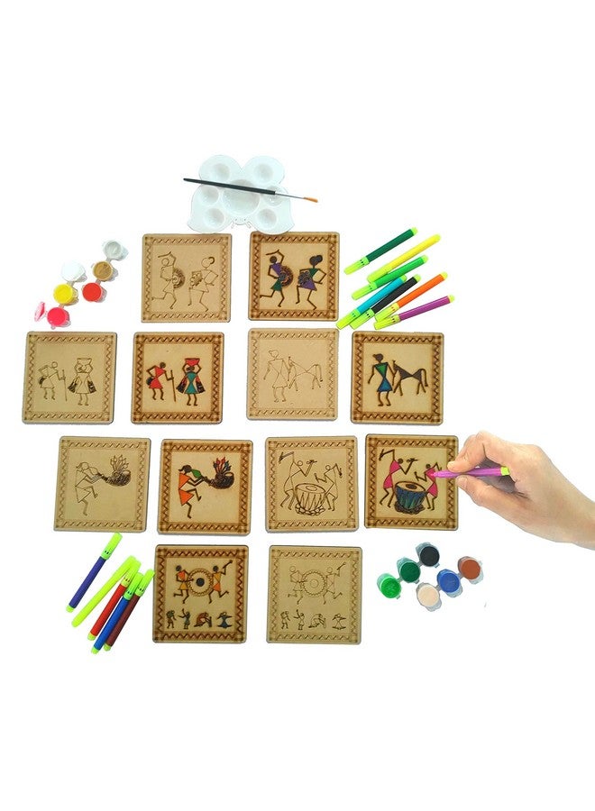 StepsToDo Warli Paint Kit (Set A) - Tea Coaster Set of 6 | 4-Inch Bases with Warli Art | Includes Case, Sketch Pens, Colours, Brush & Dish - Image 4