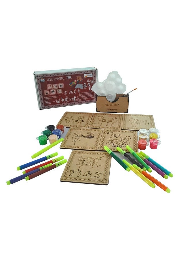 StepsToDo Warli Paint Kit (Set A) - Tea Coaster Set of 6 | 4-Inch Bases with Warli Art | Includes Case, Sketch Pens, Colours, Brush & Dish - Image 1