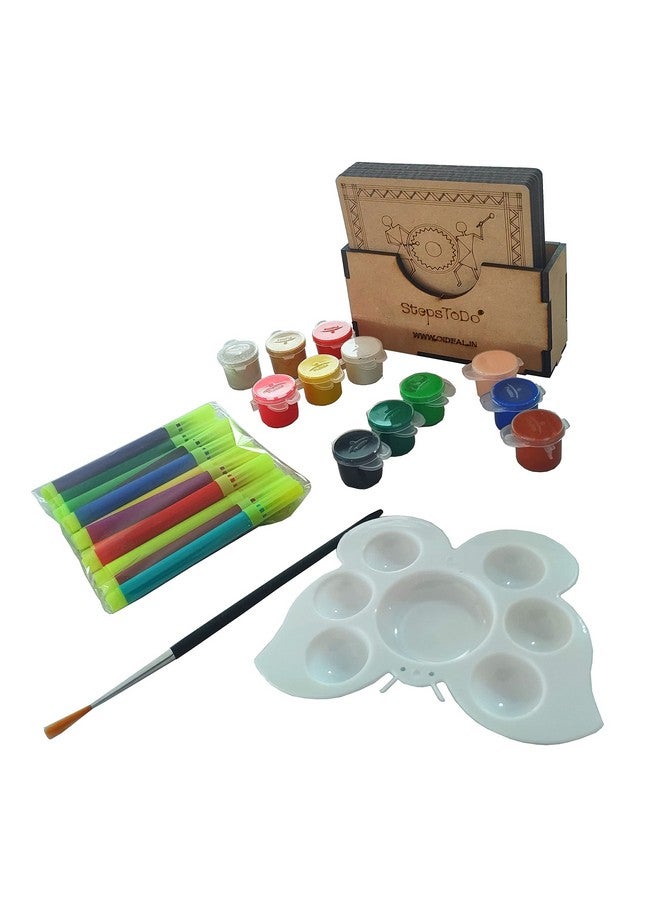 StepsToDo Warli Paint Kit (Set A) - Tea Coaster Set of 6 | 4-Inch Bases with Warli Art | Includes Case, Sketch Pens, Colours, Brush & Dish - Image 3