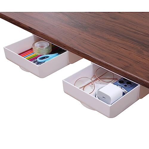 LuluEasy 2 Pack Under Desk Drawer Self-Adhesive Desktop Storage Organizer, Hidden Attachable Slide Out Desk Drawer, Under Table Tray for Pencil Pen Stationery Office Organization, White - Image 1