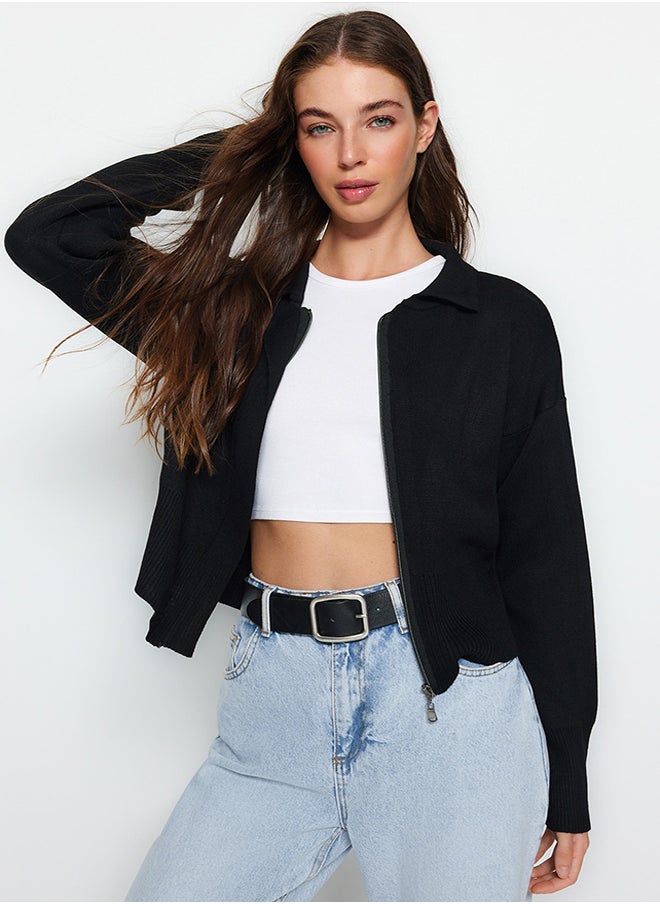 trendyol Black Polo Neck Zipper Detailed Knitwear Cardigan TWOAW24HI00024  - Image 3