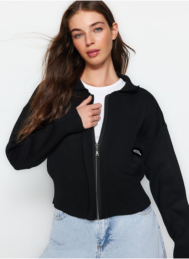 trendyol Black Polo Neck Zipper Detailed Knitwear Cardigan TWOAW24HI00024  - Image 1