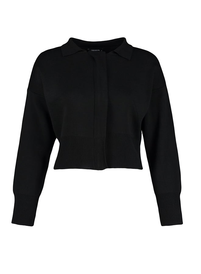 Black Polo Neck Zipper Detailed Knitwear Cardigan TWOAW24HI00024