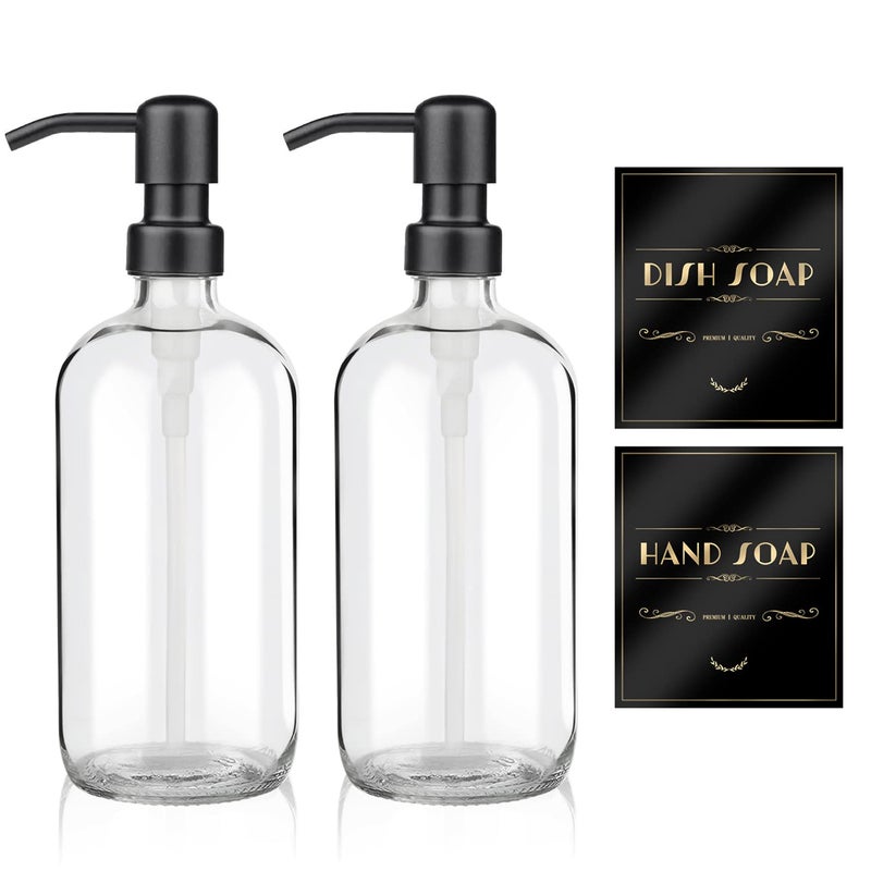 ARKTEK 2 Pack Refillable Glass Soap Dispenser  Rust Proof Stainless Steel Pump 17 Oz 500 ML Black