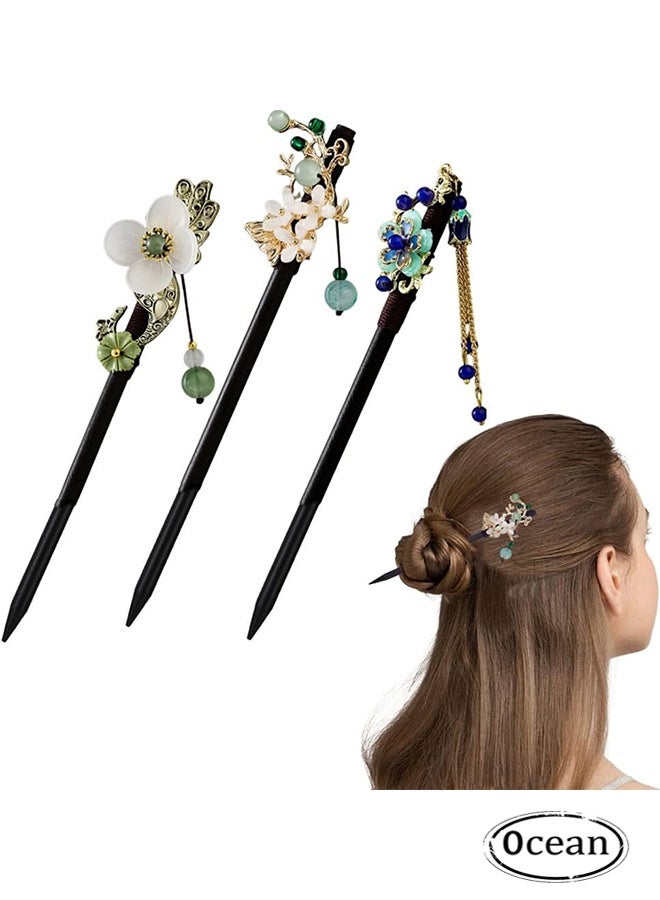 Ocean 3 PCS Chinese Wood Hair Sticks, Retro Hair Chopsticks Wooden Hair Pins Exquisite Vintage Flower Hair Sticks with Tassel Women Girl Fashion Hair Decor Accessories for Festival Party - Image 1