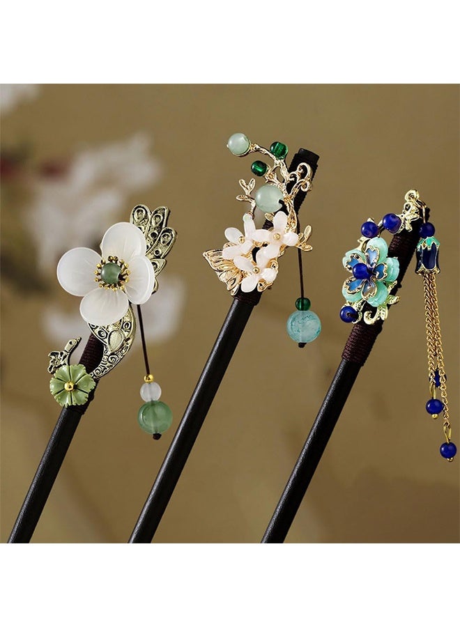 Ocean 3 PCS Chinese Wood Hair Sticks, Retro Hair Chopsticks Wooden Hair Pins Exquisite Vintage Flower Hair Sticks with Tassel Women Girl Fashion Hair Decor Accessories for Festival Party - Image 2