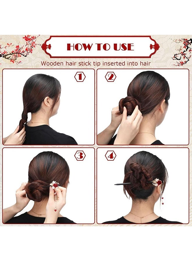 Ocean 3 PCS Chinese Wood Hair Sticks, Retro Hair Chopsticks Wooden Hair Pins Exquisite Vintage Flower Hair Sticks with Tassel Women Girl Fashion Hair Decor Accessories for Festival Party - Image 4
