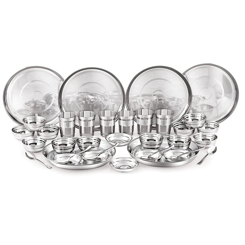 Attro Stainless Steel Silver Touch Finish Dinner Set of 6 Thali 6 Plate 12 Bowl 6 Glass 6 Spoon Thali Diameter 12 inch Set of 36 Standard - Image 1