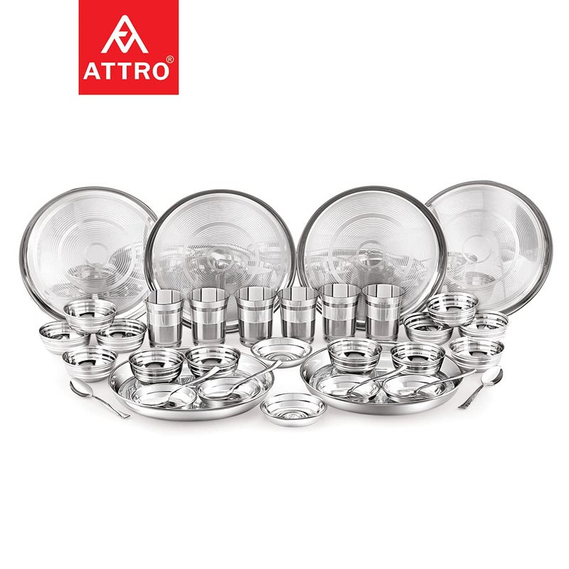 Attro Stainless Steel Silver Touch Finish Dinner Set of 6 Thali 6 Plate 12 Bowl 6 Glass 6 Spoon Thali Diameter 12 inch Set of 36 Standard - Image 2