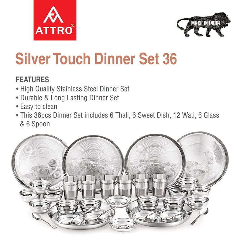 Attro Stainless Steel Silver Touch Finish Dinner Set of 6 Thali 6 Plate 12 Bowl 6 Glass 6 Spoon Thali Diameter 12 inch Set of 36 Standard - Image 3